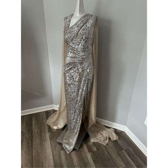 PAMELLA ROLAND Sequin Asymmetric Cape Gown - Picture 6 of 16